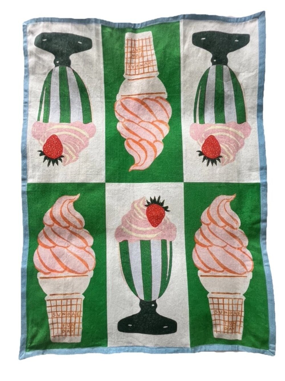 Sundae Funday Dish Towel ANTHROPOLOGIE Ice Cream Cone Strawberry 100% Cotton NEW